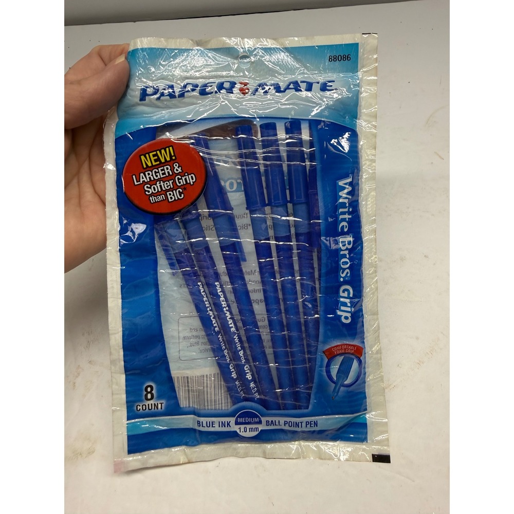 Paper Mate Write Bros Grip Blue Ink Ballpoint Pens Medium 1.0mm 8 Count 88086